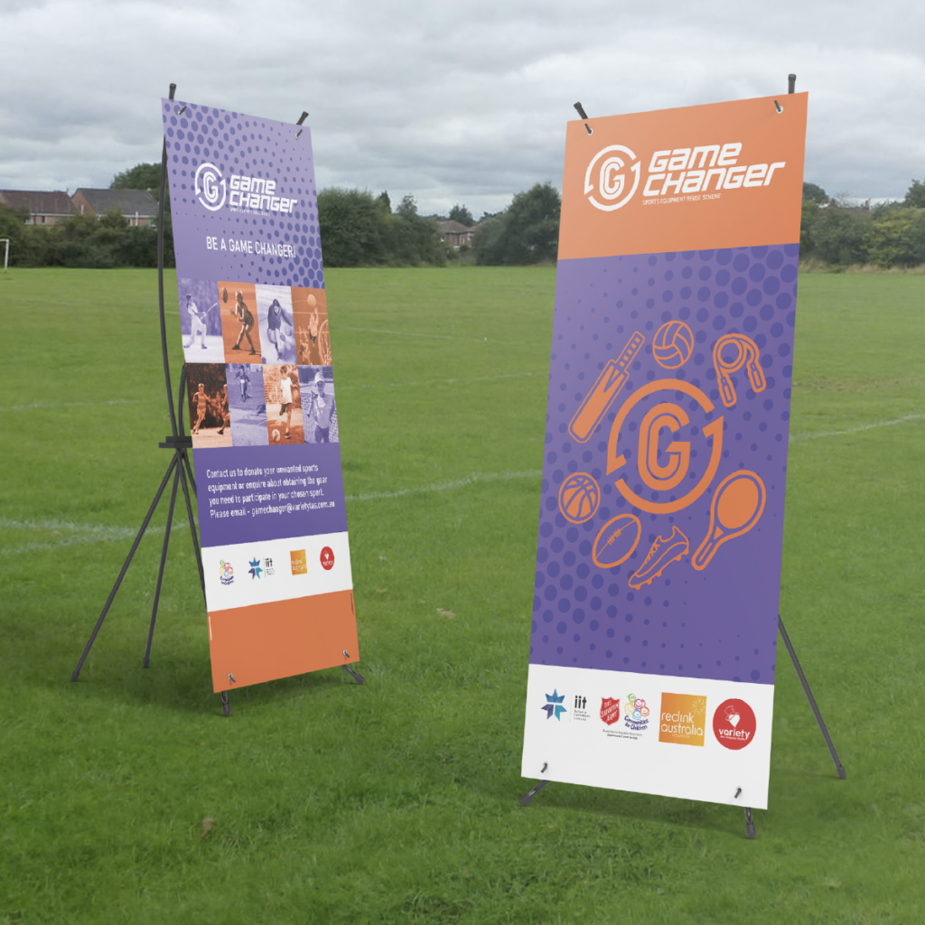 Game Changer vertical banners on a soccer field