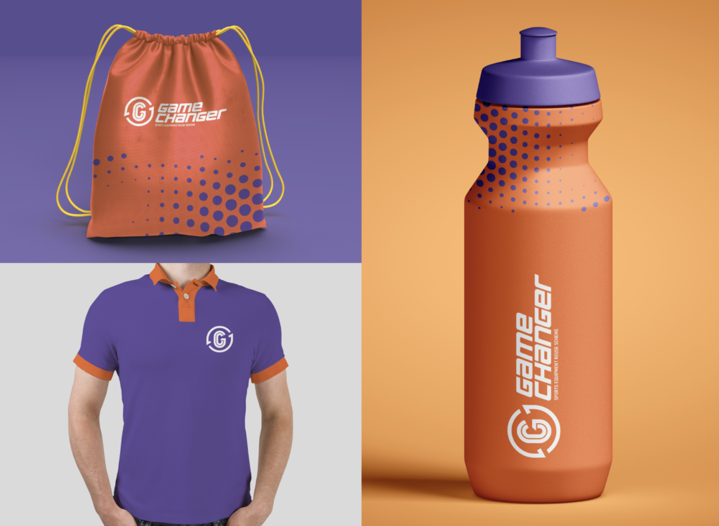 Game Changer merchandise including a water bottle, polo top and tote bag